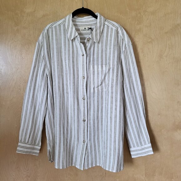 Oversized Boyfriend Button-down Linen Blend Shirt Cream with Stripes Siz… - Picture 2 of 13